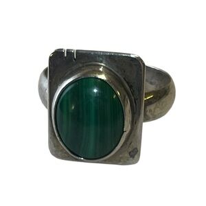 Signed Sterling Silver CR Bezel Set Malachite Cabochon Statement Ring